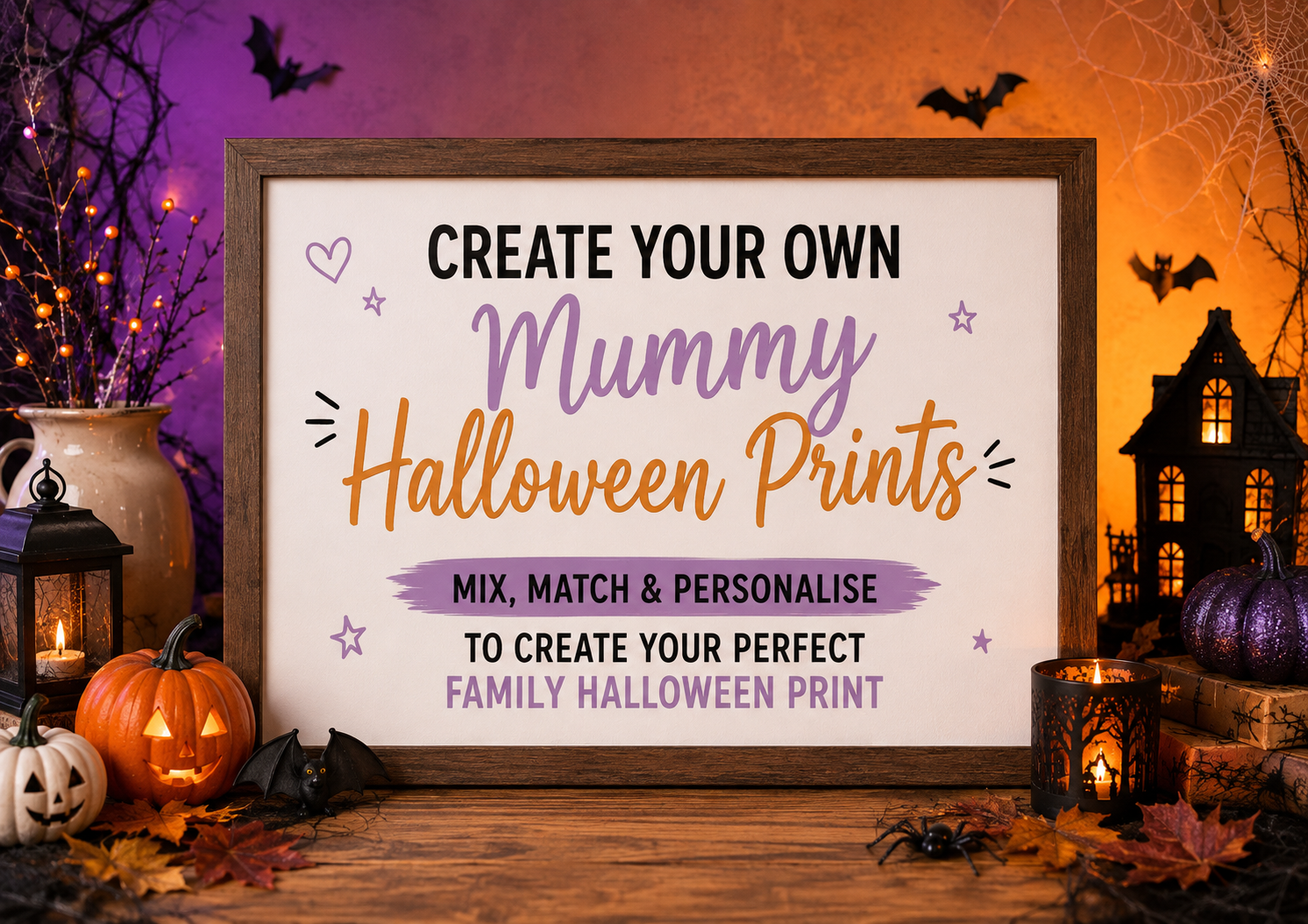Personalised halloween mummy family print in dark wood frame, surrounded by pumpkins and candles
