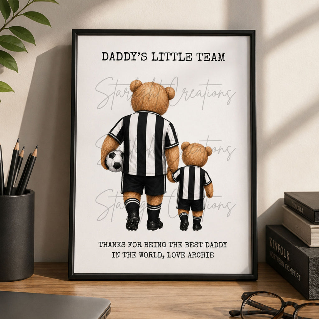 Personalised Daddy's Little Team A4 print with dad and children bears in matching football kits