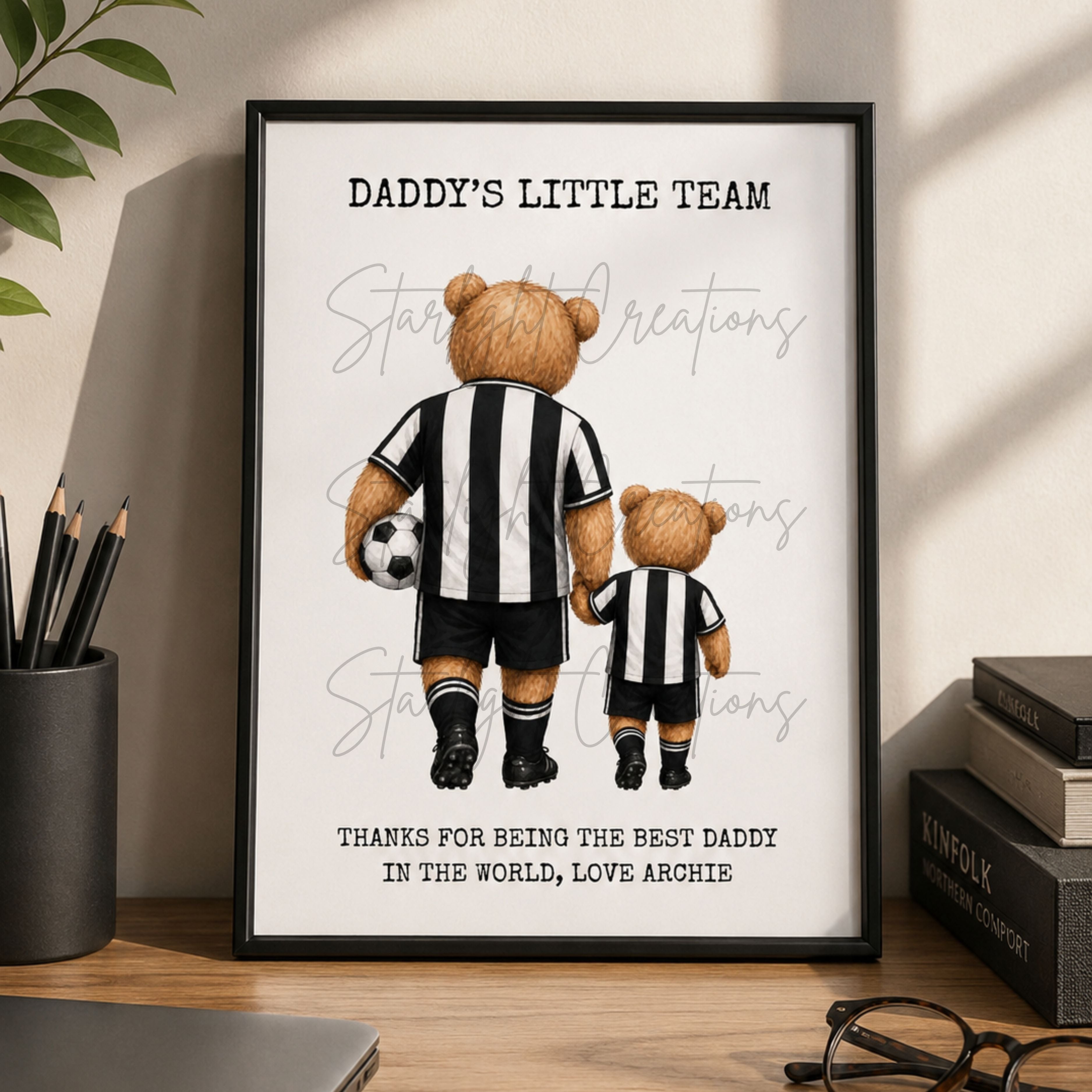 Personalised Daddy's Little Team A4 print with dad and children bears in matching football kits