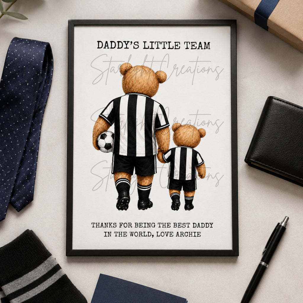 Framed artwork with teddy bears in football uniforms on a light surface with stationery items.