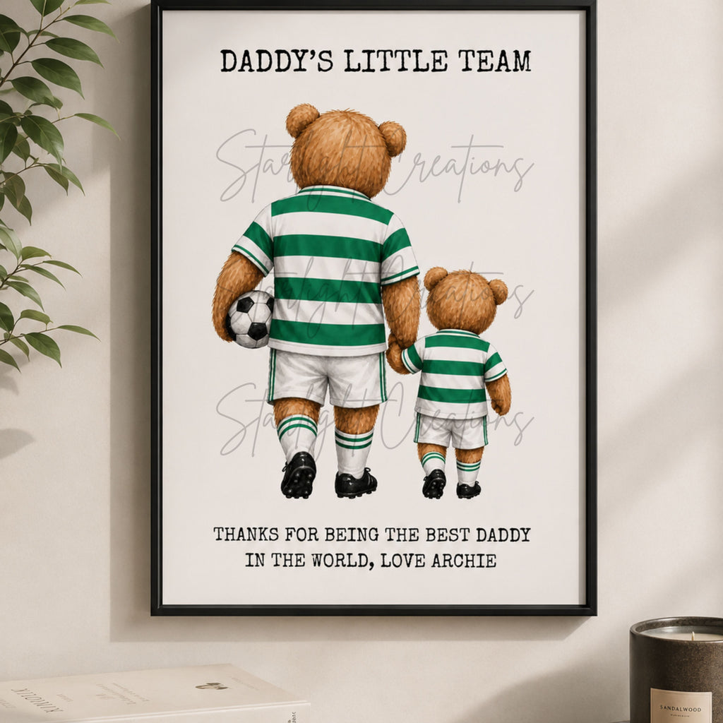 Framed artwork with two teddy bears in green and white striped outfits, holding hands and a soccer ball, on a light background.