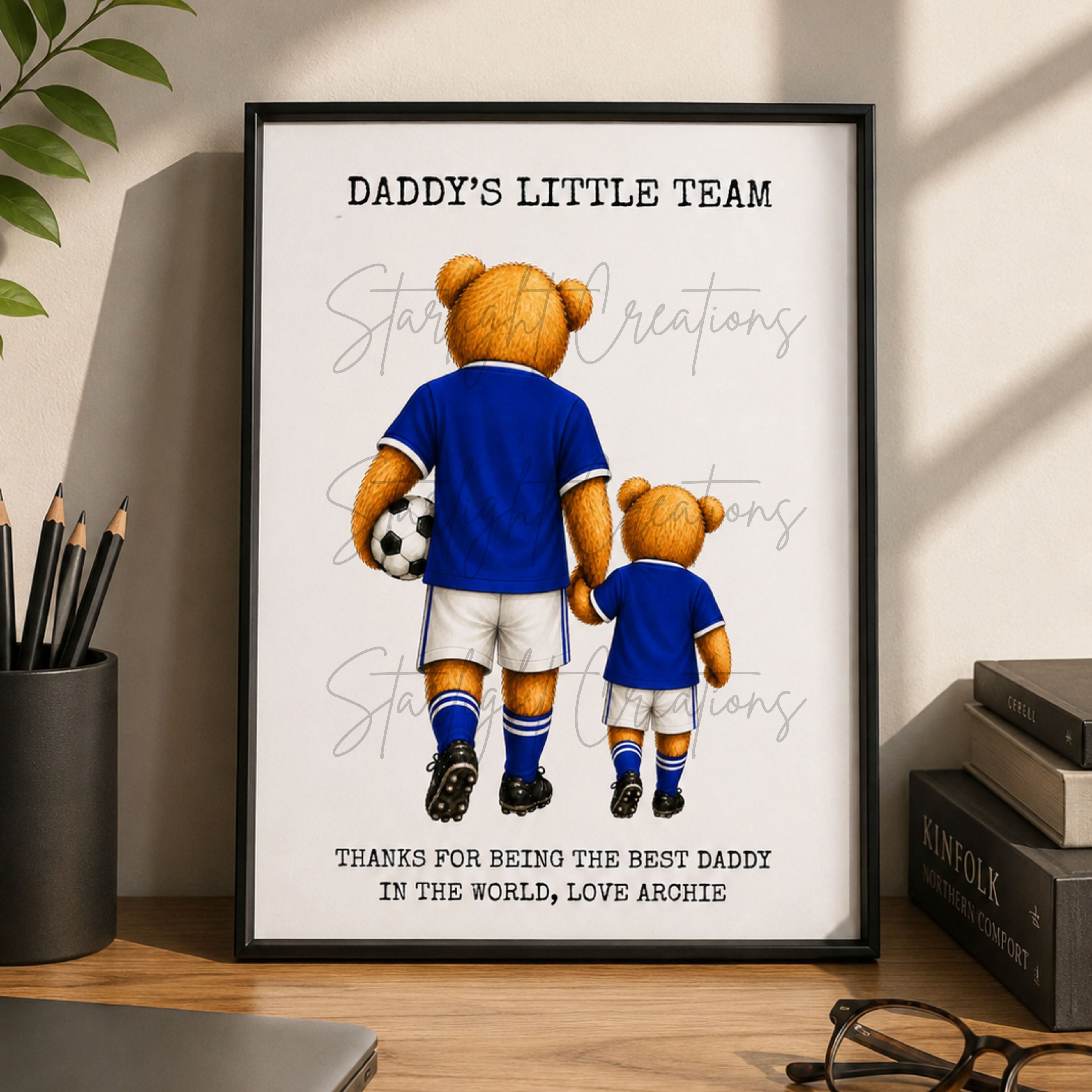 Football dad gift print in custom team colours, shown framed on a shelf