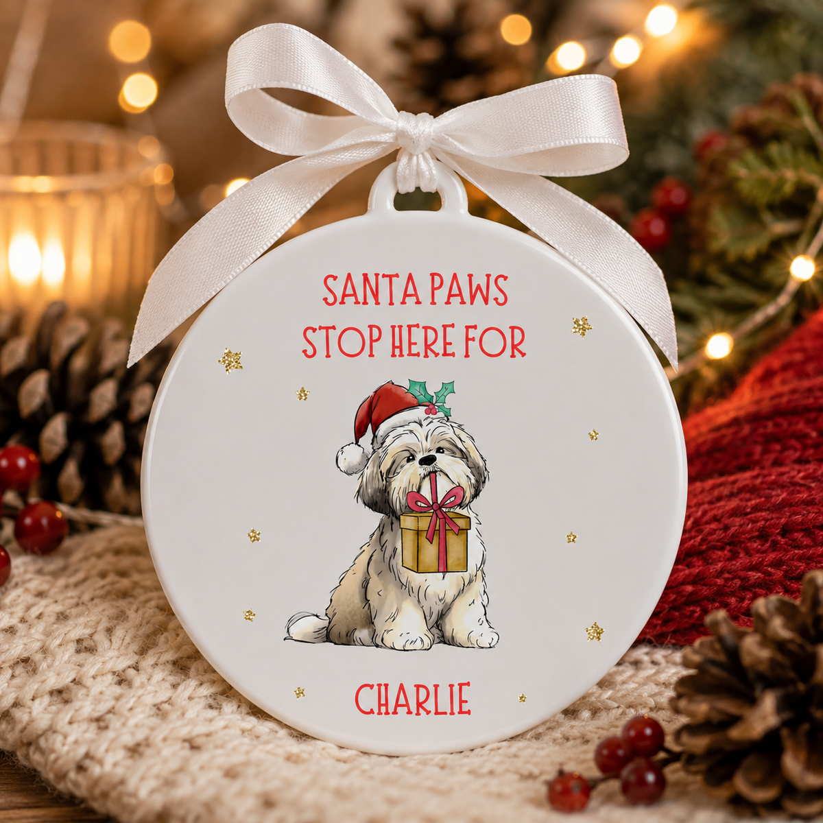 A personalized round Christmas ornament featuring an illustration of a dog wearing a Santa hat and holding a gift box, with the text 'SANTA PAWS STOP HERE FOR' and the name 'CHARLIE' below. The ornament is decorated with a white satin bow and is displayed in a cozy holiday setting with pinecones, candles, and red berries.
