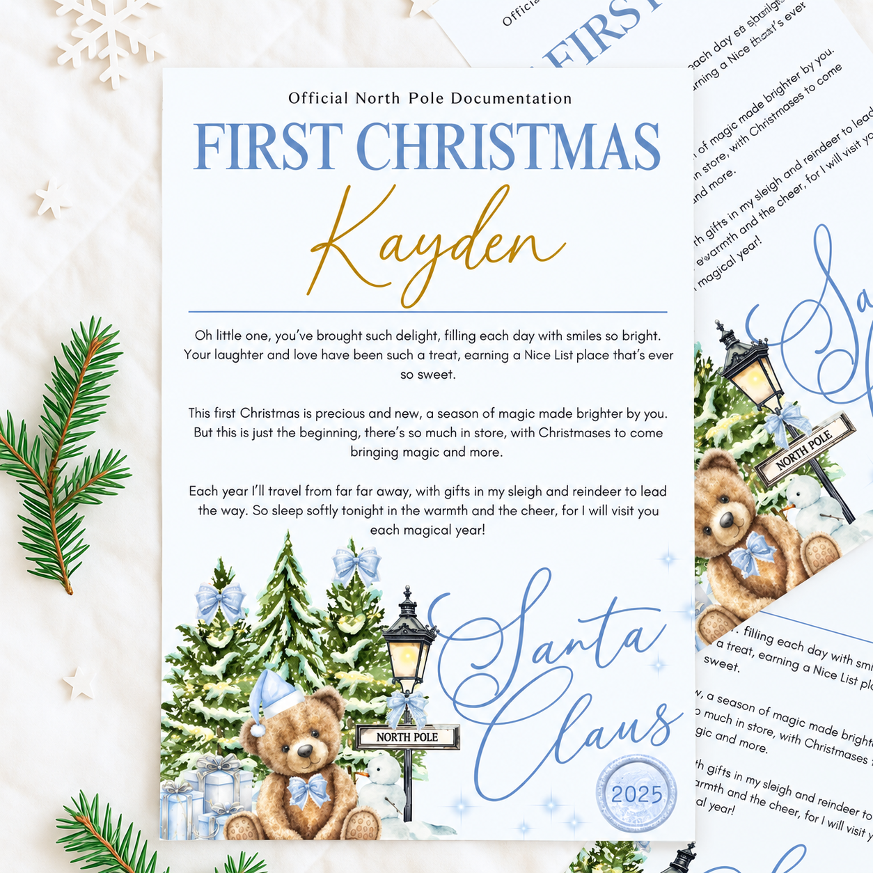 Blue Bear Personalised Christmas Eve Box Certificate | Letter from Santa & Nice List
