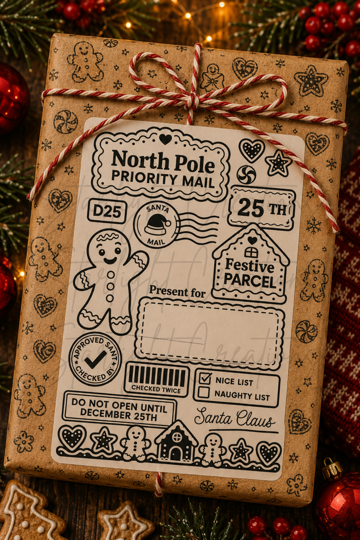 A wrapped gift box in brown kraft paper with a red-and-white striped twine bow, featuring a printed Christmas 'North Pole Priority Mail' label. The box is photographed on a rustic wooden surface with holiday decorations, including pine branches, red ornaments, and gingerbread cookies.