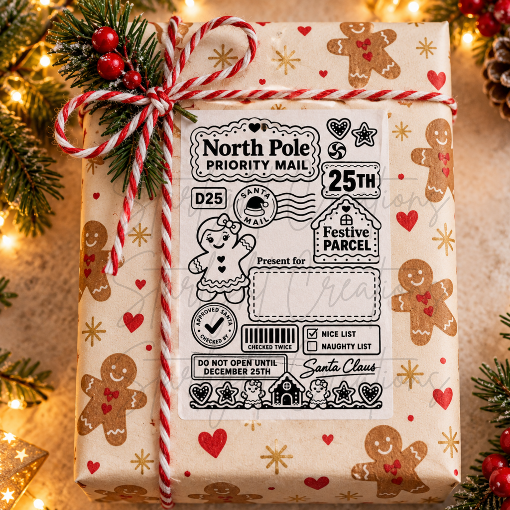 A wrapped gift box with a festive Christmas design, featuring gingerbread men, hearts, and snowflakes on a cream background. It is wrapped in a red and white striped twine bow and has a large printed 'North Pole Priority Mail' label on the front, surrounded by holiday greenery and warm string lights.