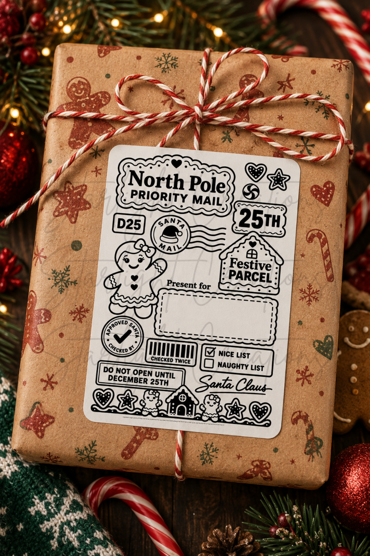 A Christmas-themed gift box wrapped in brown kraft paper with festive red and green illustrations, tied with a red-and-white striped string. A large white 'North Pole Priority Mail' holiday label is affixed to the front, and the box is photographed on a dark wooden surface surrounded by candy canes, pine branches, ornaments, and gingerbread cookies.