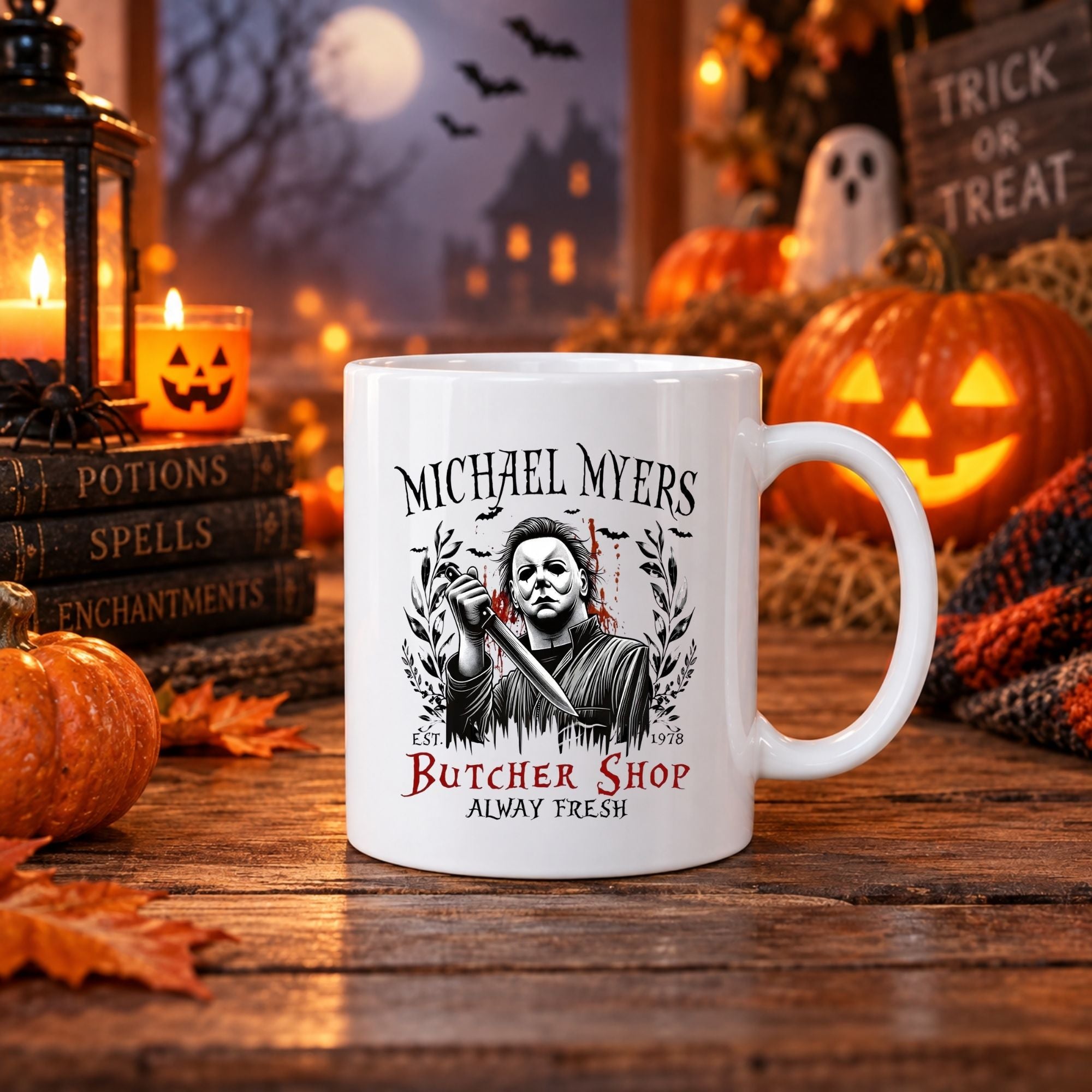 White 11oz Halloween scary movie mug with masked slasher holding knife design and "Always Shop Butcher Shop" text