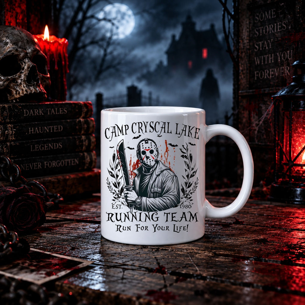 A white ceramic mug with a horror-themed 'Camp Crystalscail Lake Running Team' graphic featuring a hockey mask holding a chainsaw axe, styled on a dark wooden table with a skull, candle, lantern, and spooky haunted house background.