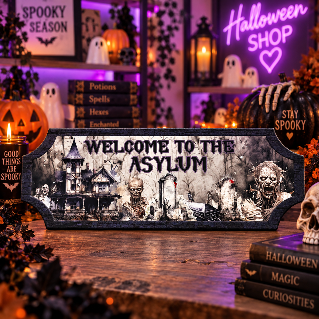 Welcome to the Asylum Halloween street sign with haunted house, zombies and gravestones, 28cm x 10cm