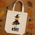 Personalised Halloween trick or treat tote bags with witch design matched to hair colour, names Maya, Kiki, Ellie, Lily, Poppy, Chloe, cotton