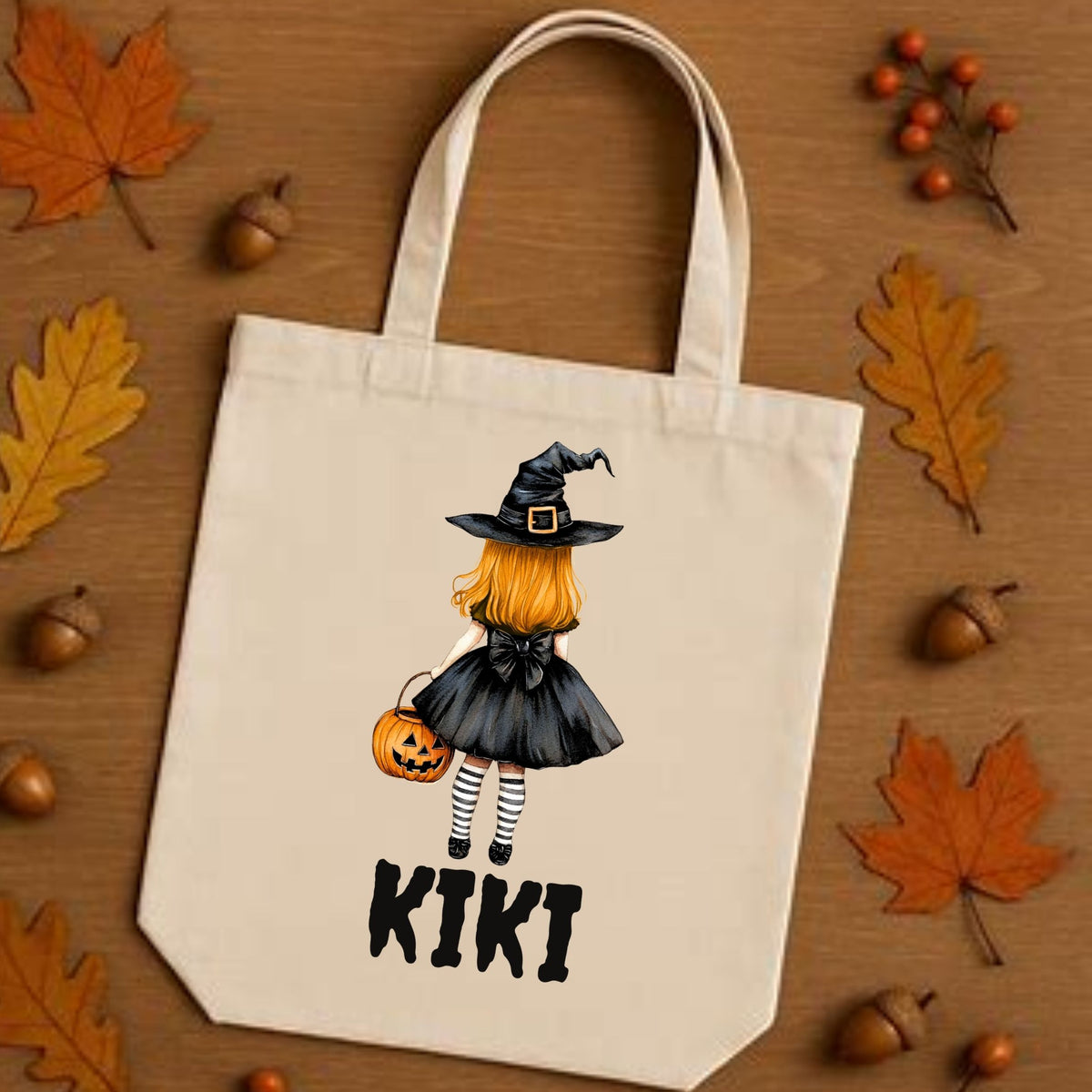 Personalised Halloween trick or treat tote bags with witch design matched to hair colour, names Maya, Kiki, Ellie, Lily, Poppy, Chloe, cotton