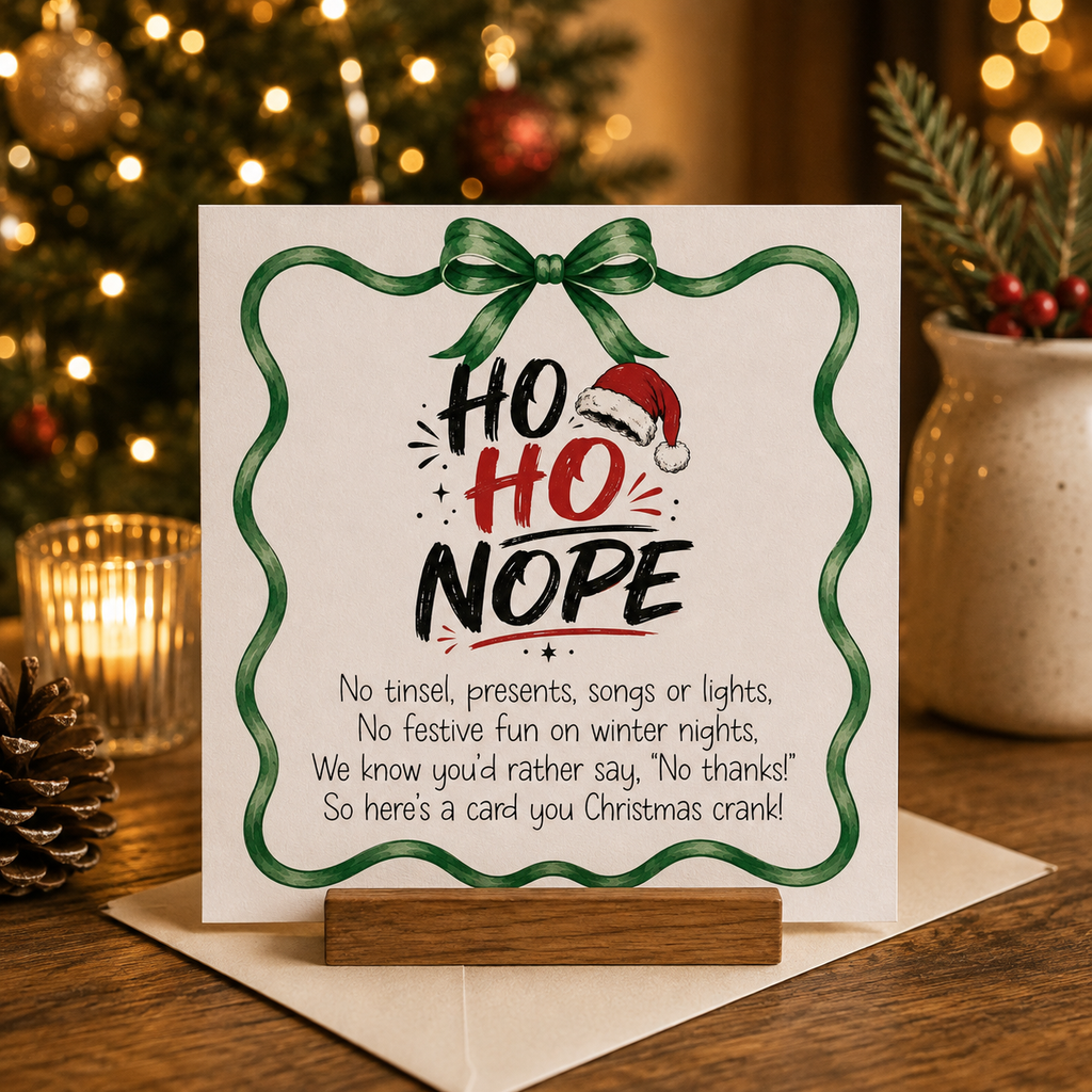 Ho Ho Nope cheeky Christmas card with Santa hat design, standing on wooden card holder with festive background