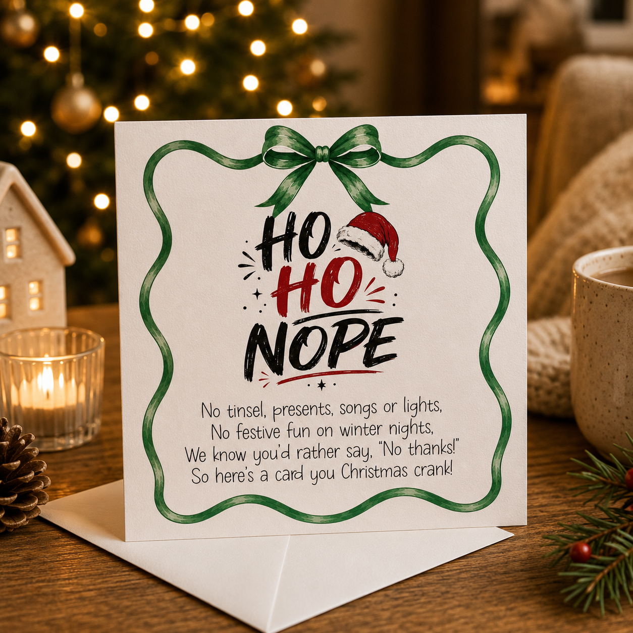 A square Christmas greeting card with a white envelope, styled on a wooden table with a lit candle, pine cone, and blurred holiday lights in the background. The card features a green wavy border with a green bow, the text 'HO HO NOPE' in black and red with a small Santa hat, and a humorous poem below.