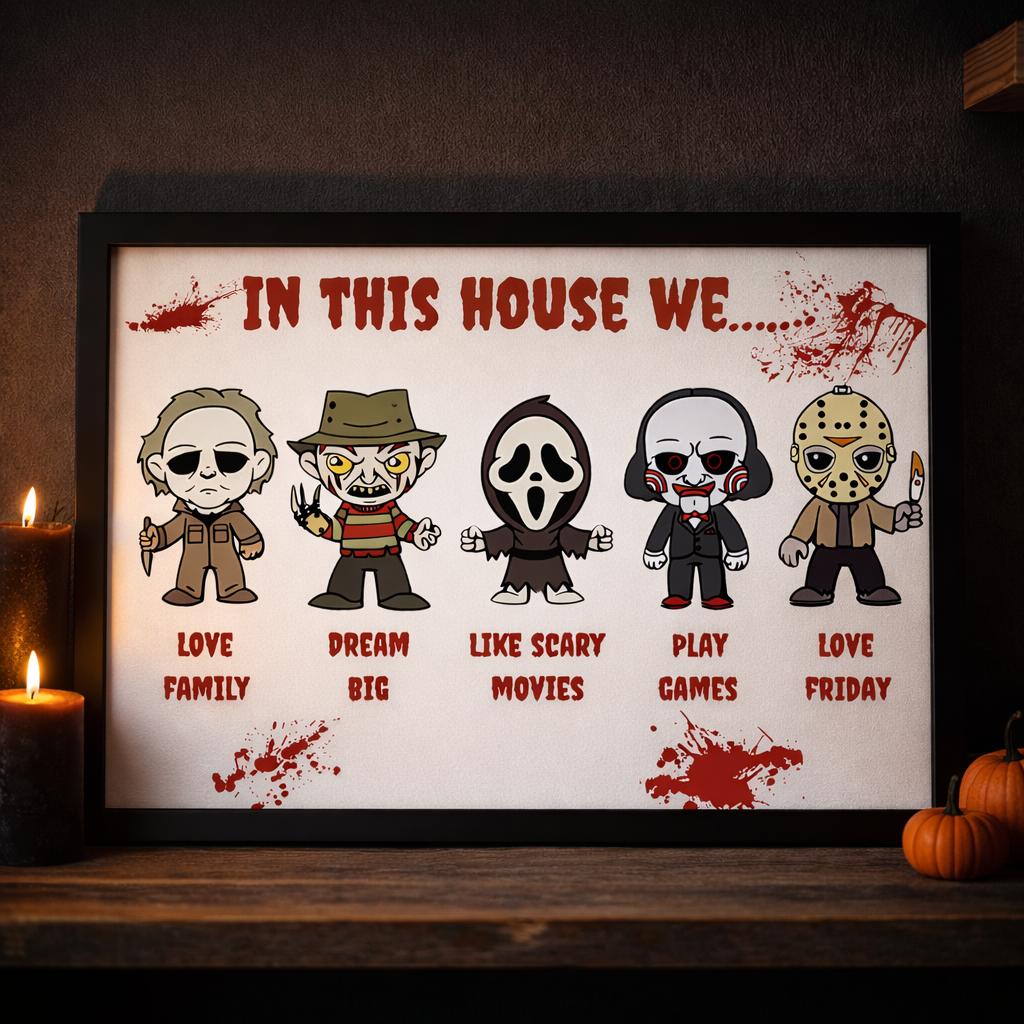 A framed Halloween-themed wall print displayed on a dark shelf with candles and pumpkins. The print features chibi-style horror movie villains with labels reading 'LOVE FAMILY', 'DREAM BIG', 'LIKE SCARY MOVIES', 'PLAY GAMES', and 'LOVE FRIDAY' beneath the headline 'IN THIS HOUSE WE.