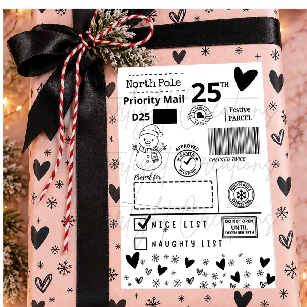 A wrapped gift box with pink wrapping paper printed with black hearts, snowflakes, and holiday motifs, tied with a black ribbon and red-and-white striped bow. A white North Pole Priority Mail shipping label is attached on the front.
