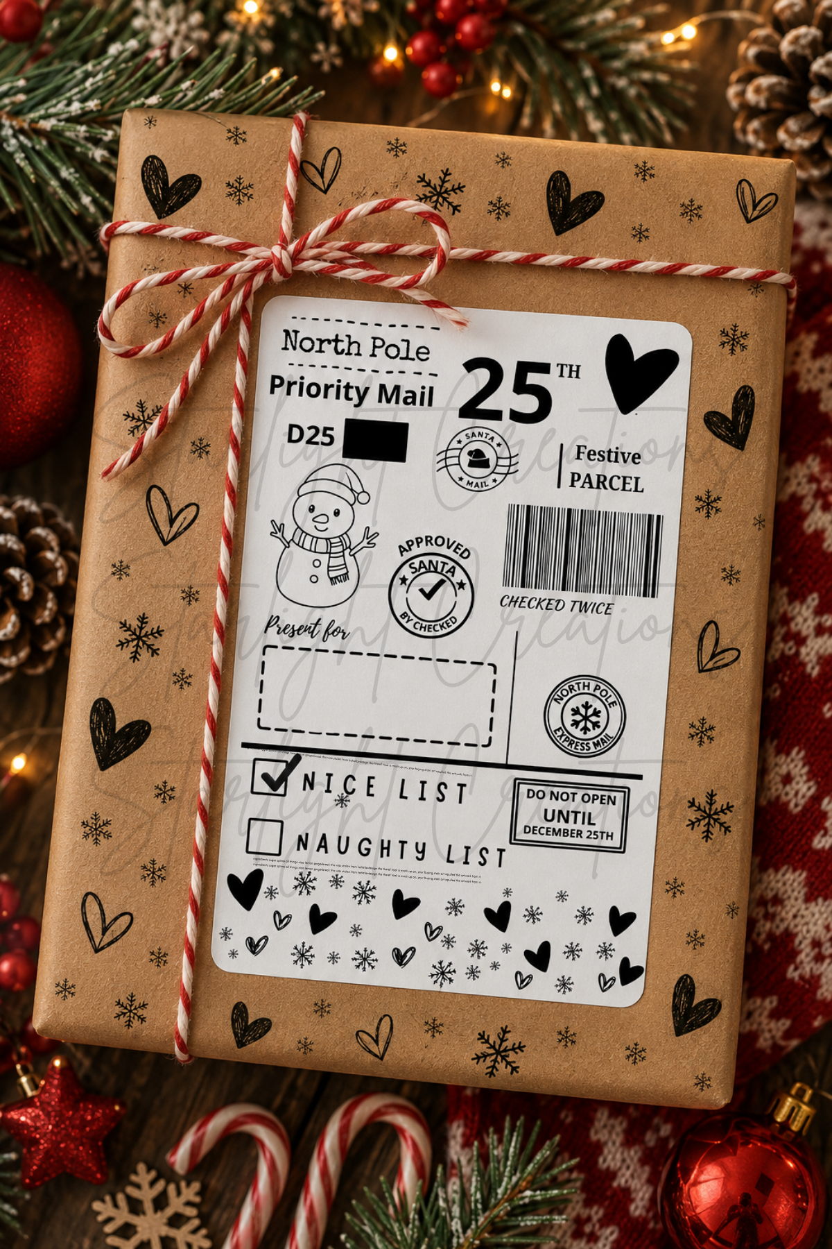 A brown kraft paper gift box wrapped with a red-and-white striped twine bow and a novelty shipping label that reads 'North Pole Priority Mail,' styled with Christmas ornaments, evergreen branches, and snowflake decorations.