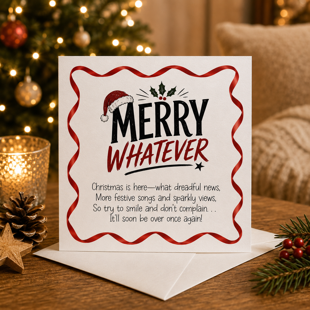 A square Christmas greeting card with a white background, red wavy border, and the words 'MERRY WHATEVER' in black and red lettering, displayed on a wooden surface with a white envelope. The scene is styled with a blurred Christmas tree, warm lights, pinecones, and greenery in the background.