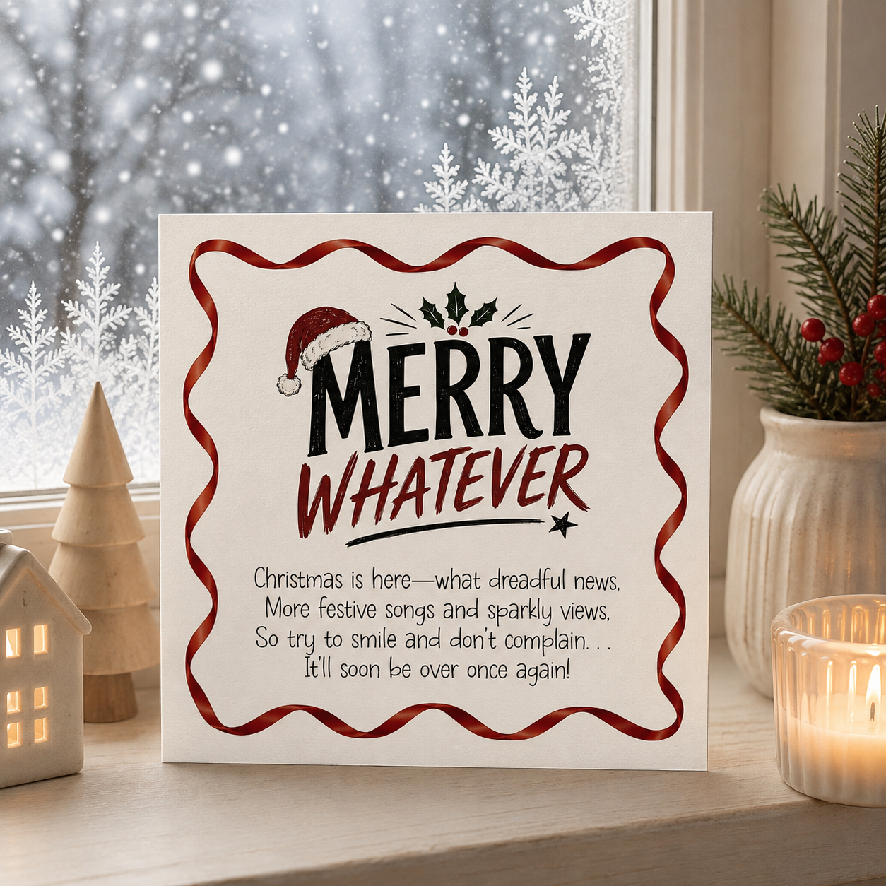 A square Christmas greeting card with the phrase 'MERRY WHATEVER' and a humorous poem printed on it, styled on a windowsill with a snowy window background, a lit candle, and small decorative props.