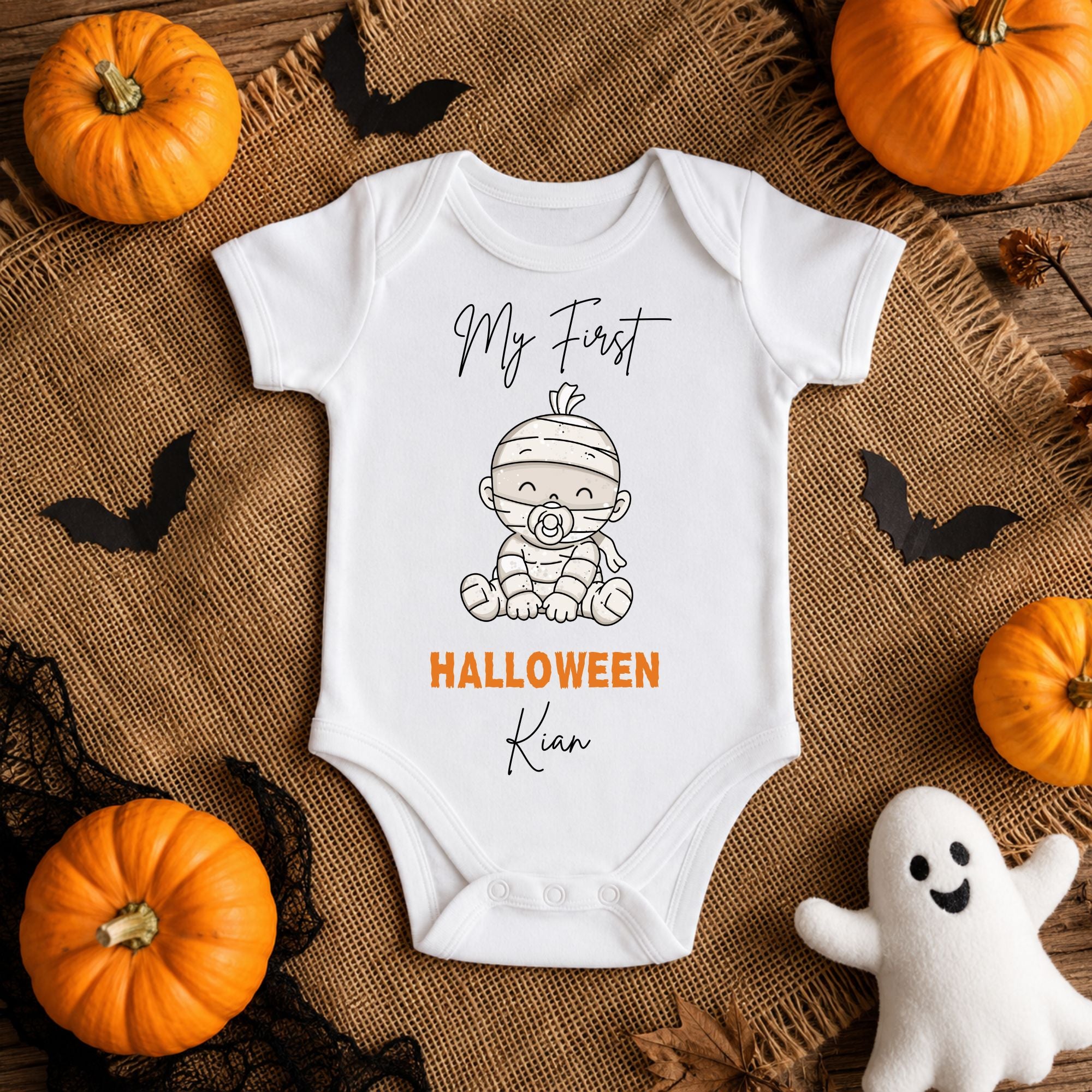 Personalised baby's first Halloween vest with cute mummy design and custom name