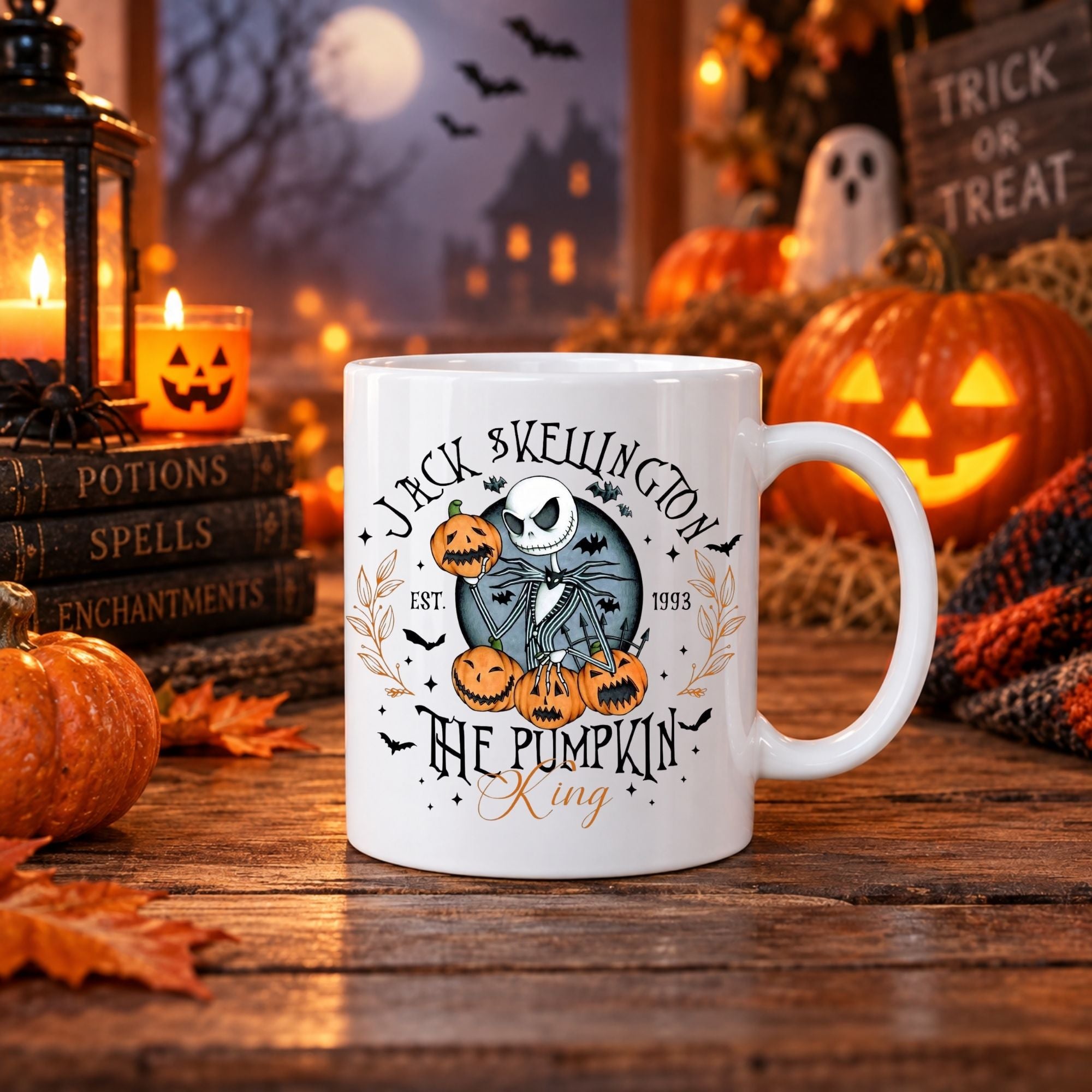 A white ceramic mug with a Halloween-themed graphic of Jack Skellington and pumpkins, set on a rustic wooden table surrounded by autumn decorations, candles, and pumpkins.