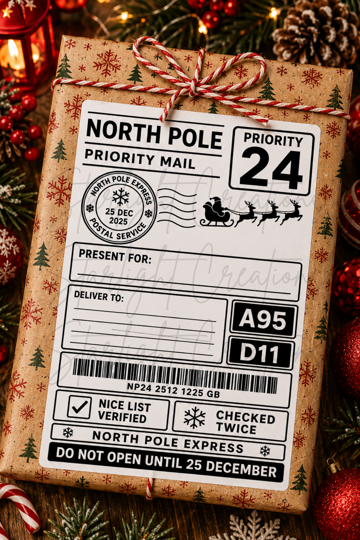 A Christmas-themed North Pole Express priority mail package wrapped in brown patterned paper and tied with a red-and-white striped twine bow. The front features a large white mail label with black text, barcode, and holiday illustrations, set against a festive background of pine branches, ornaments, and lights.