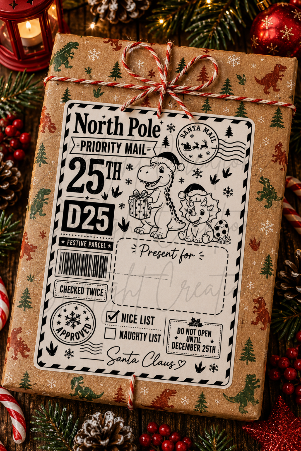 A Christmas-themed gift box wrapped in kraft paper with a printed North Pole priority mail label, tied with a red-and-white striped bow. The box is surrounded by festive holiday decorations including pine branches, red berries, ornaments, and a lantern.