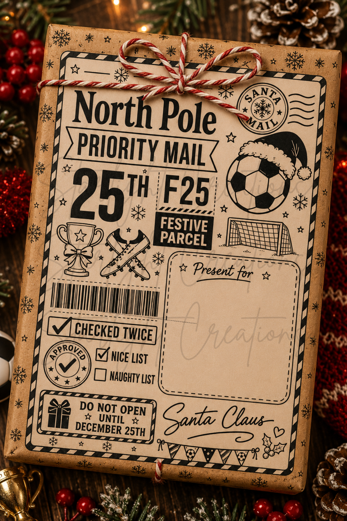 A Christmas-themed gift box wrapped in kraft paper with a festive 'North Pole Priority Mail' label, tied with a red-and-white striped string bow. The label features holiday illustrations including a Santa hat soccer ball, Christmas tree, snow globe, and a blank 'Present for' area.