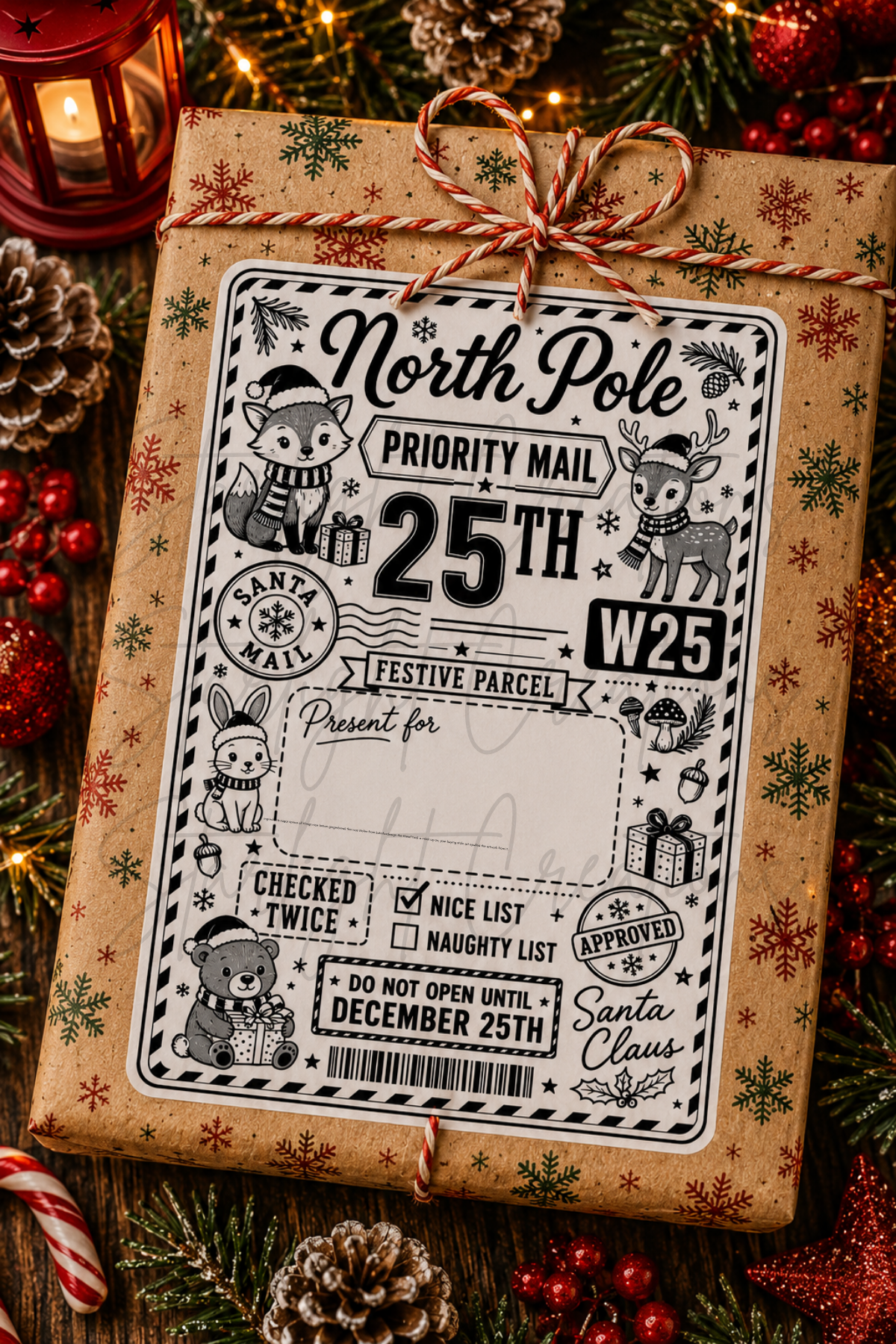 A wrapped gift box with a festive Christmas-themed 'North Pole Priority Mail' label, tied with a red-and-white burlap ribbon, surrounded by holiday decorations including pinecones, red berries, evergreen branches, and a lantern.