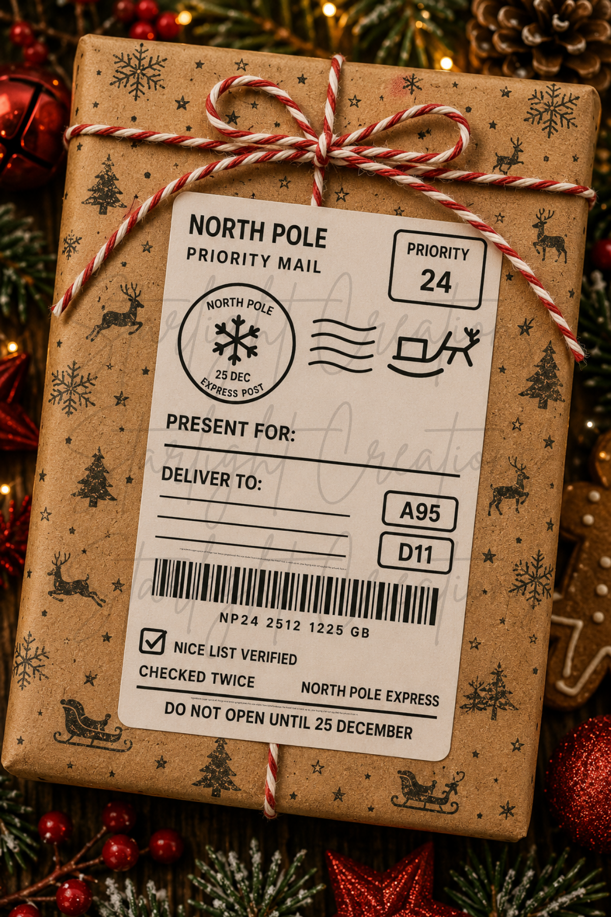 A wrapped gift box in brown kraft paper with a red-and-white striped twine bow, featuring a North Pole-themed priority mail label. The box is surrounded by festive holiday decorations including pinecones, ornaments, and evergreen branches.