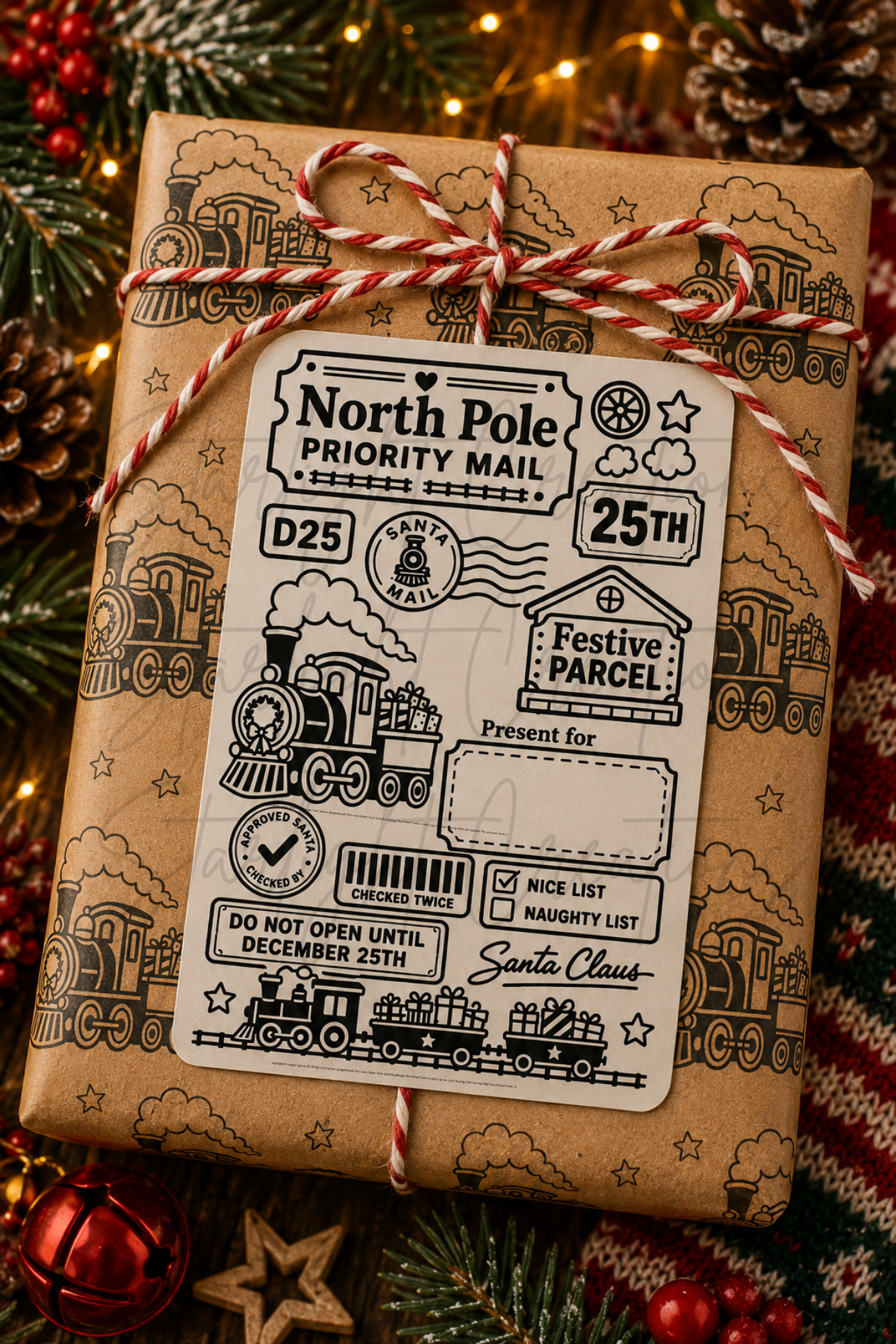 A Christmas-themed gift box wrapped in kraft paper with black train illustrations and tied with red-and-white striped twine, featuring a large white 'North Pole Priority Mail' label on the front. The box is photographed among holiday greenery, ornaments, and warm string lights.