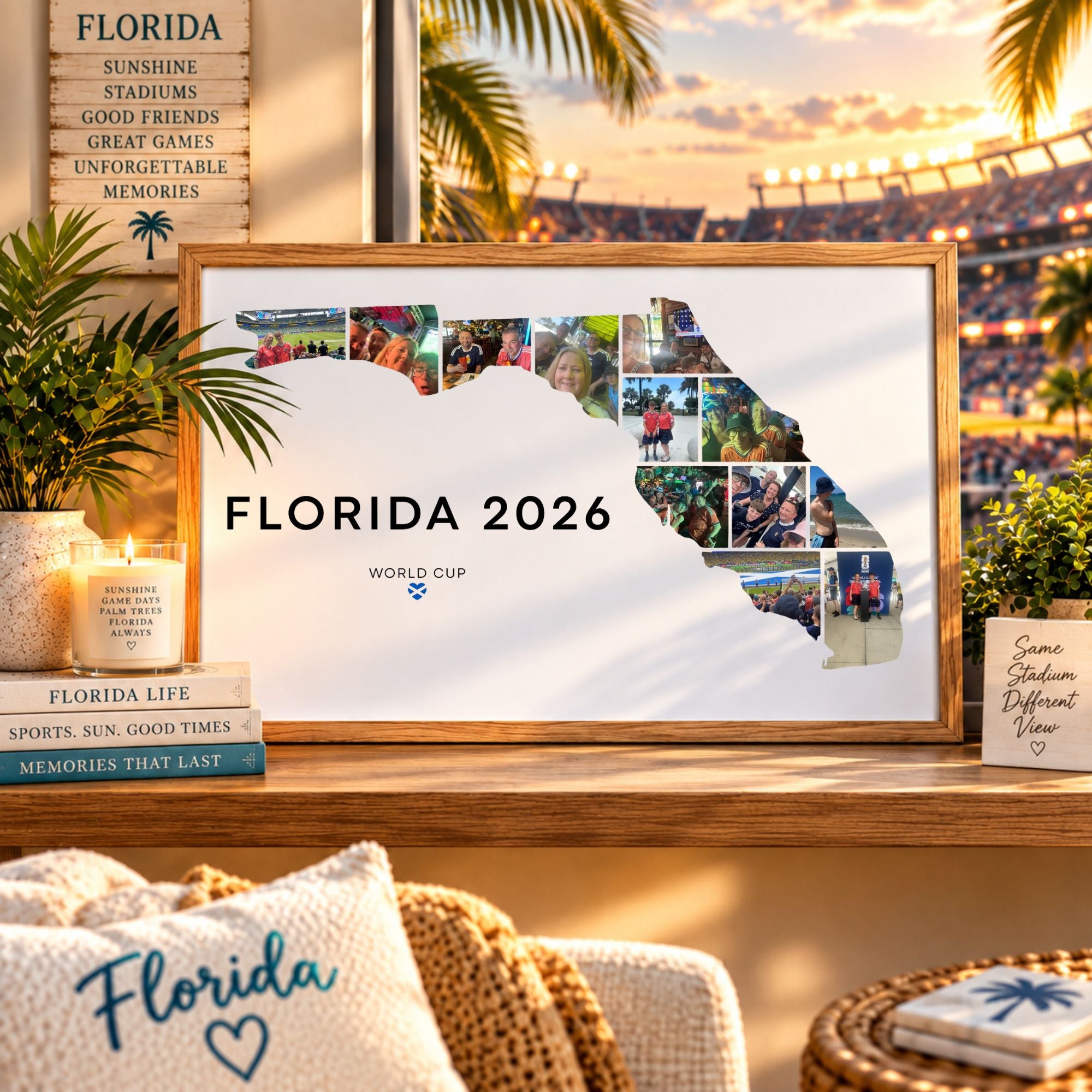 A framed personalized Florida state silhouette print with a collage of photos and the text 'FLORIDA 2026' and 'WORLD CUP' displayed on a wooden shelf in a styled room setting.