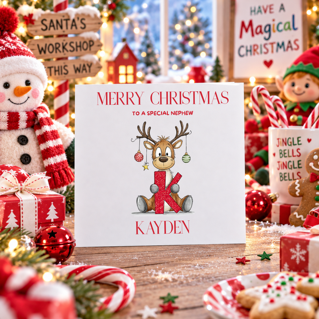 Personalised reindeer alphabet Christmas card for a grandson named Kayden, blank inside, 6x6 inch card with white envelope