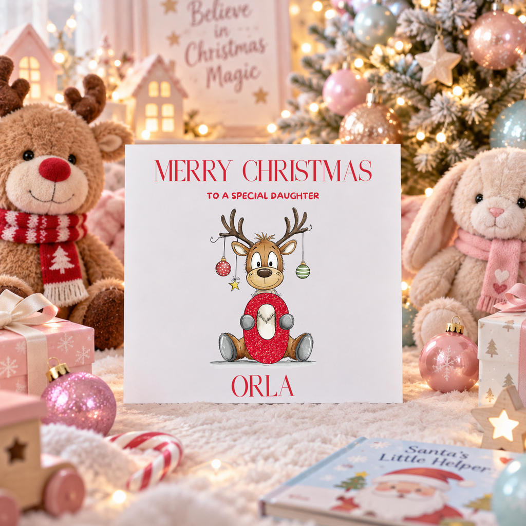 Personalised reindeer alphabet Christmas card for a grandson named Orla, blank inside, 6x6 inch card with white envelope