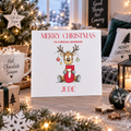Personalised reindeer alphabet Christmas card for a grandson named Jude, blank inside, 6x6 inch card with white envelope