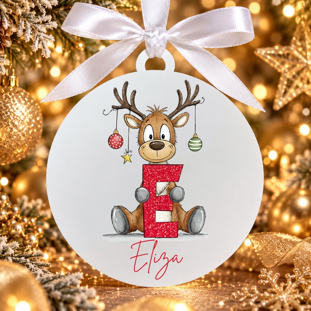 Personalised reindeer alphabet Christmas bauble with the name Eliza, white ribbon, matte white frost acrylic