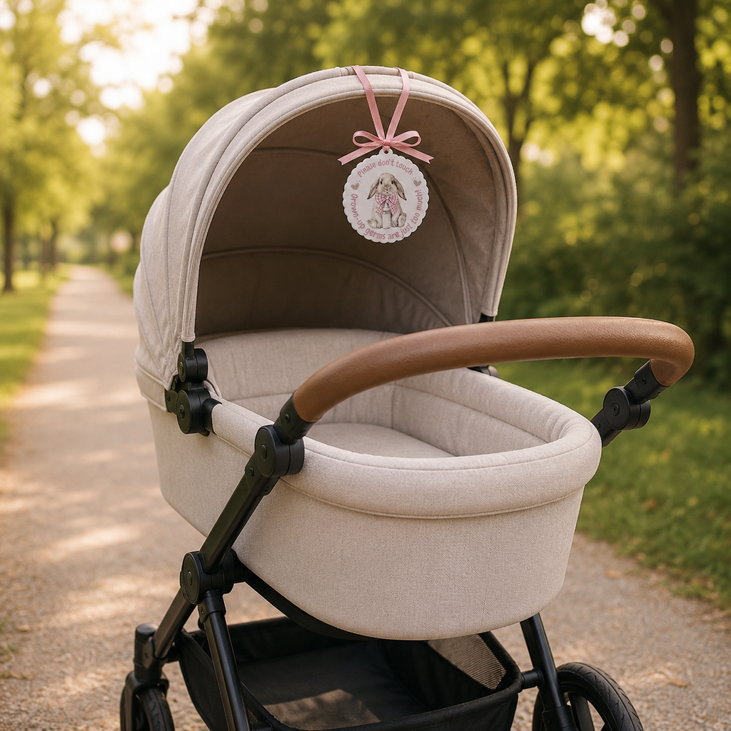 A stroller bassinet with a cream-colored fabric cover and a brown wooden handlebar, shown outdoors on a park path with a green forest background.
