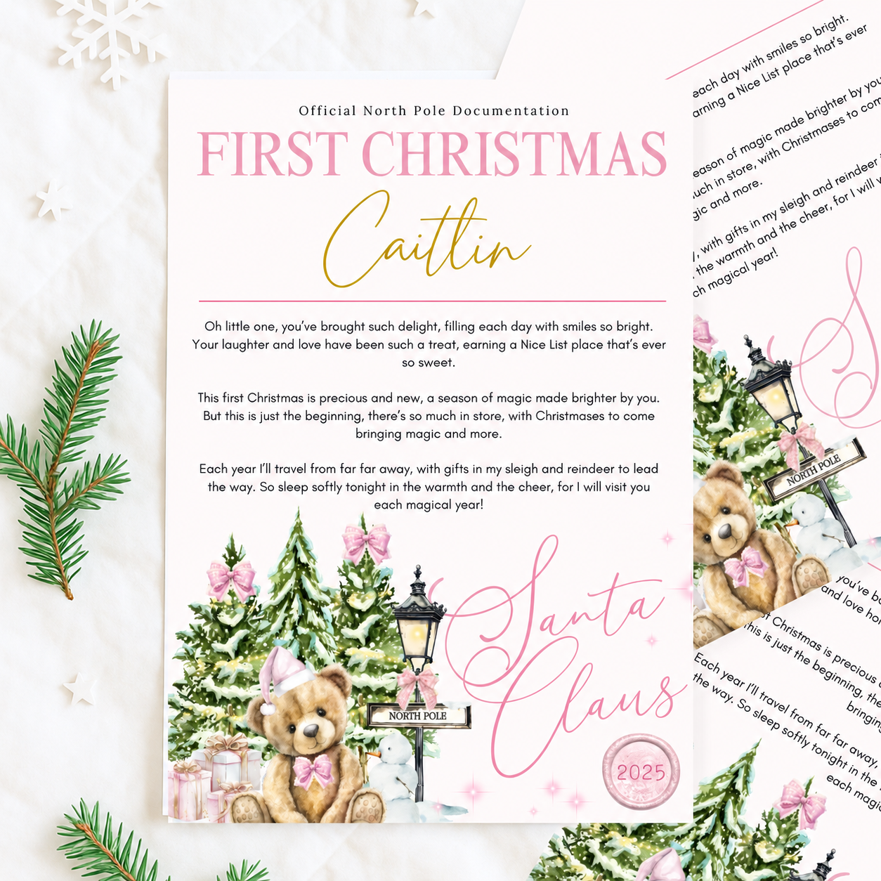 Pink Bear Personalised Christmas Eve Box Certificate | Letter from Santa & Nice List