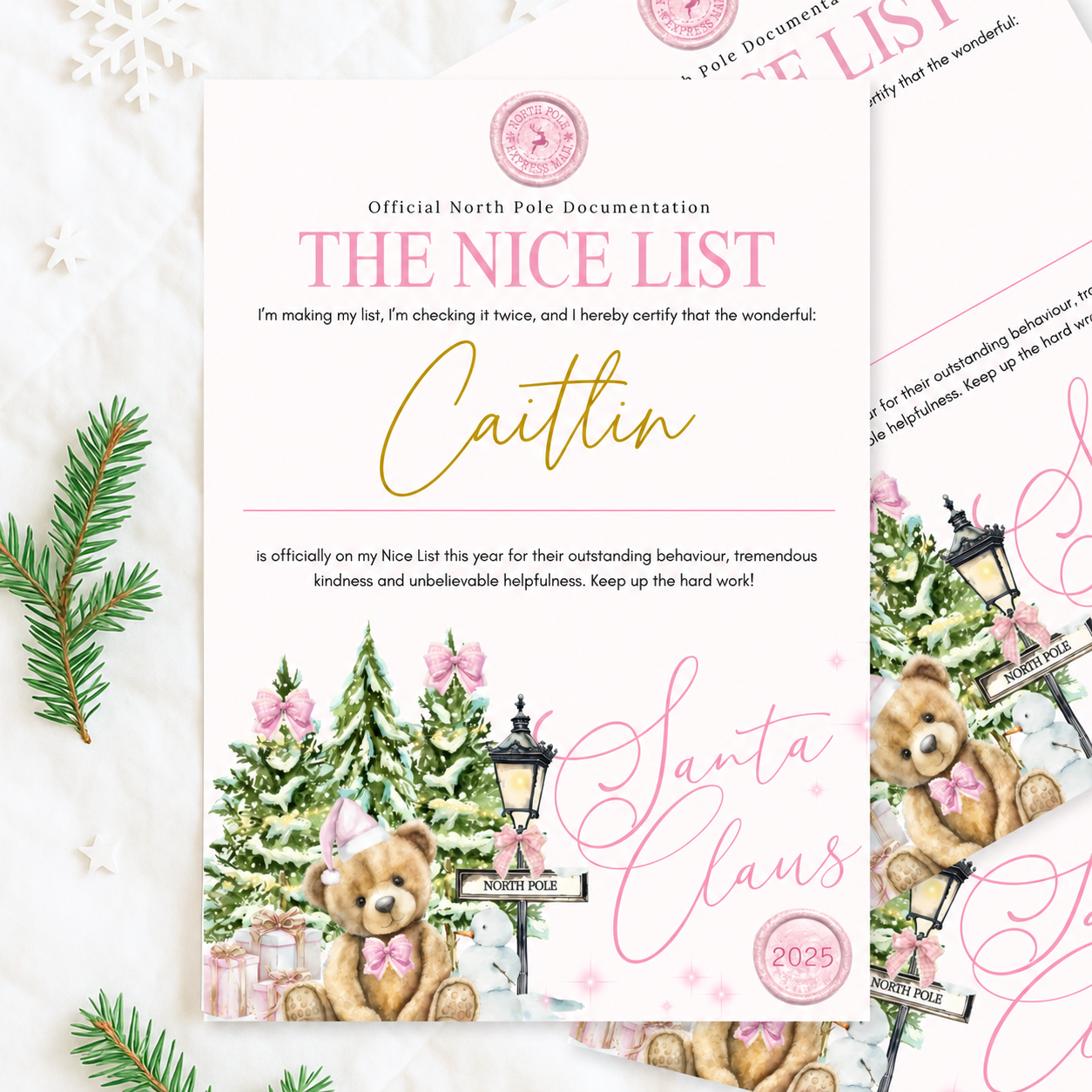 Pink Bear Personalised Christmas Eve Box Certificate | Letter from Santa & Nice List