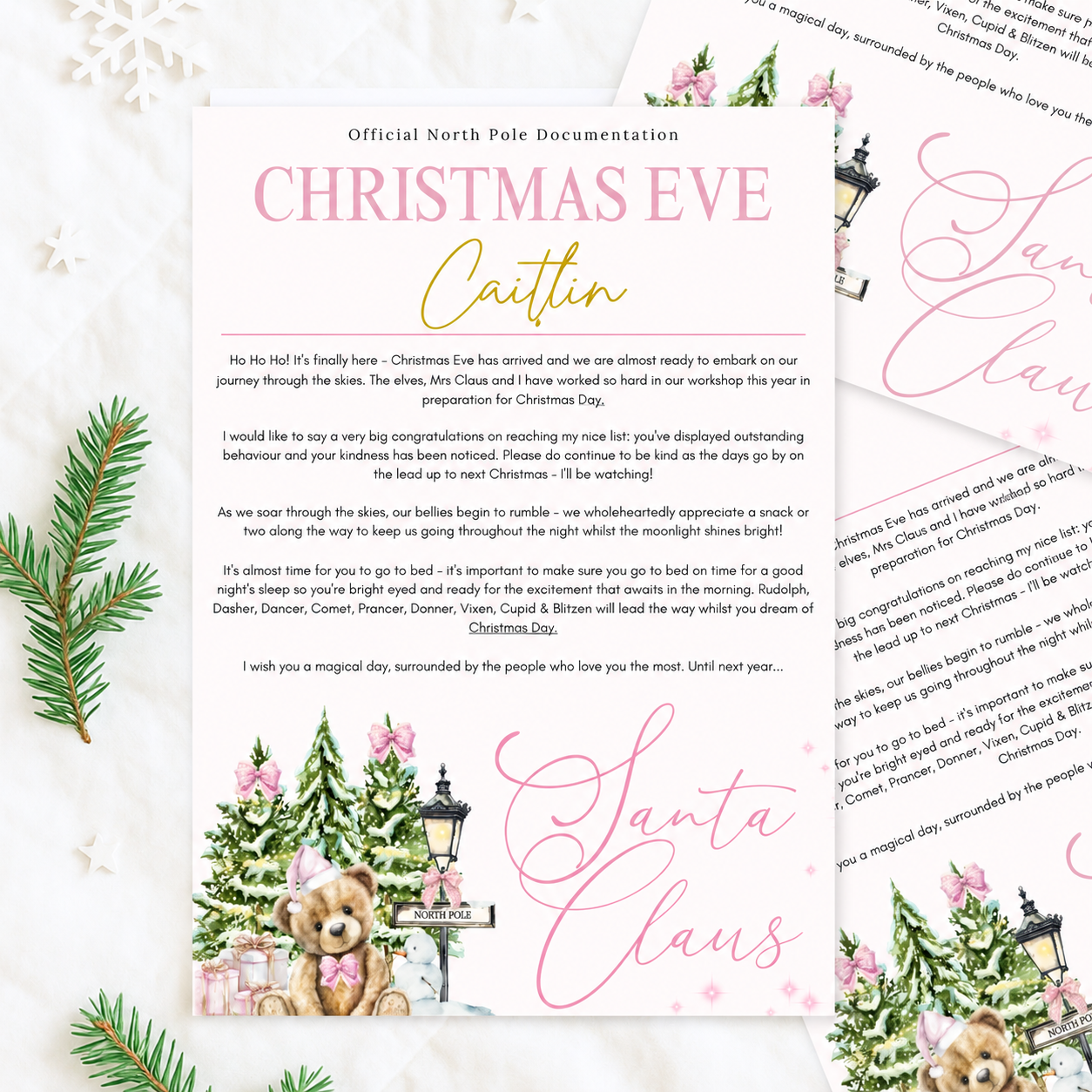 Pink Bear Personalised Christmas Eve Box Certificate | Letter from Santa & Nice List