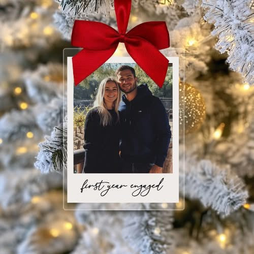 personalised photo Christmas tree ornament with engaged photo