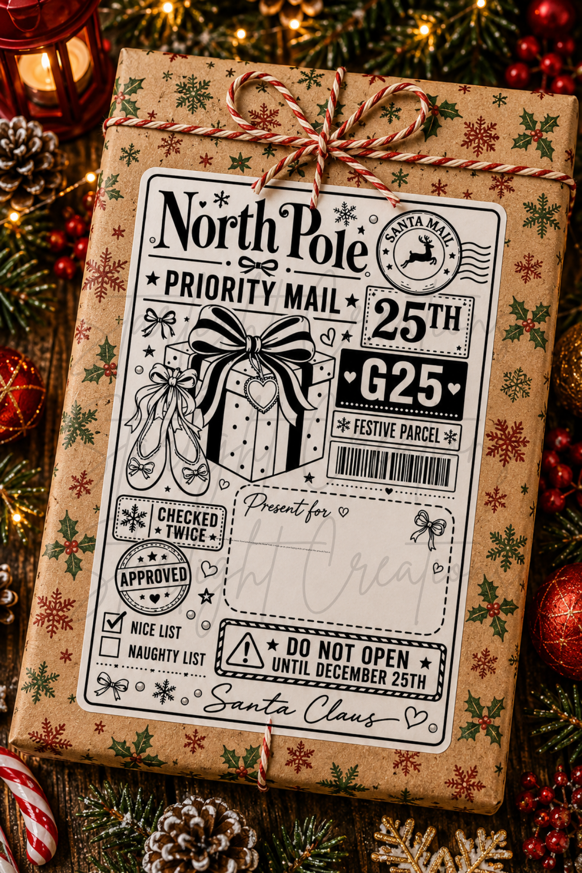 A wrapped Christmas gift box with festive kraft paper wrapping and a red-and-white striped twine bow, featuring a large vintage-style North Pole Priority Mail label. The scene is styled with holiday decorations including pinecones, ornaments, lights, and a lantern in the background.