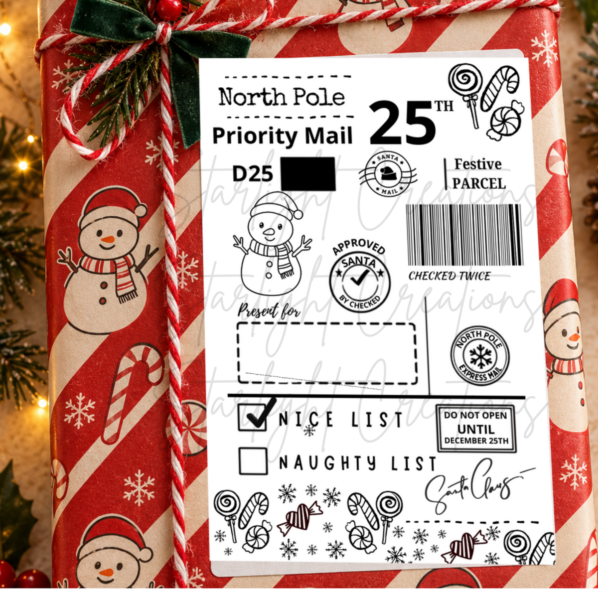A North Pole-themed 25th birthday gift card or envelope design shown on top of wrapped holiday gift packaging. The white card features festive illustrations including snowmen, candy canes, lollipops, a barcode, and text such as 'North Pole Priority Mail 25th Festive Parcel' and 'Presorted for'.