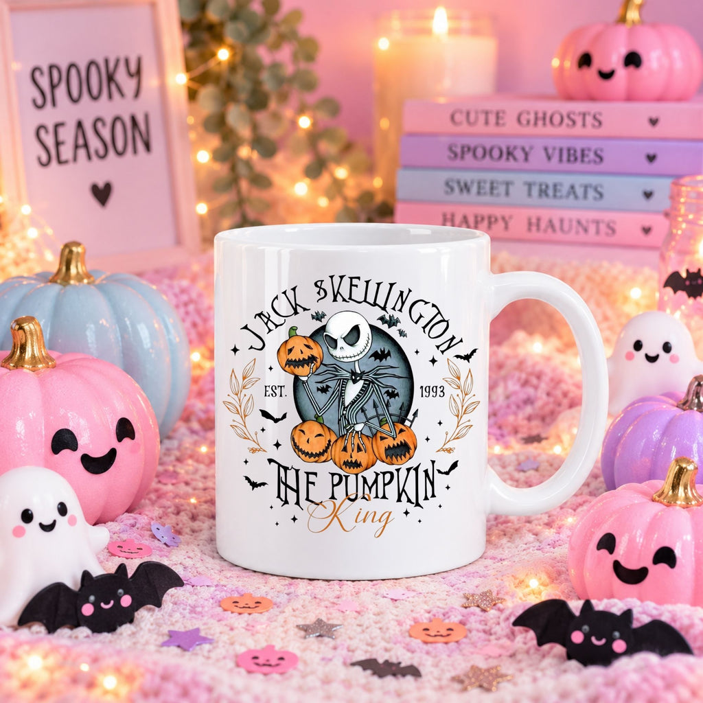 A white ceramic mug with a Jack Skellington and pumpkins graphic, styled in a cozy, festive Halloween-themed setting with miniature pumpkins, candles, and decorative signs.