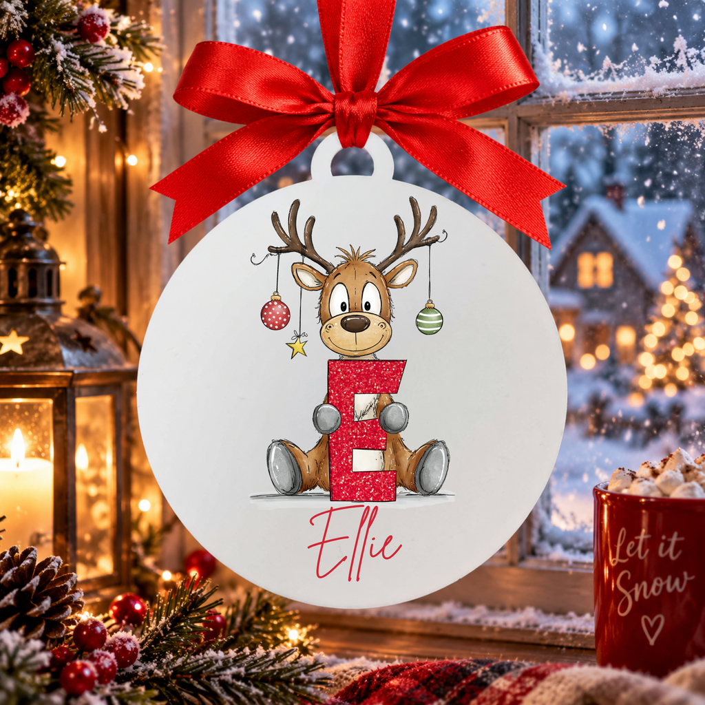 Personalised reindeer alphabet Christmas bauble with the name Ellie, red ribbon, matte white frost acrylic