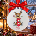 Personalised reindeer alphabet Christmas bauble with the name Ellie, red ribbon, matte white frost acrylic