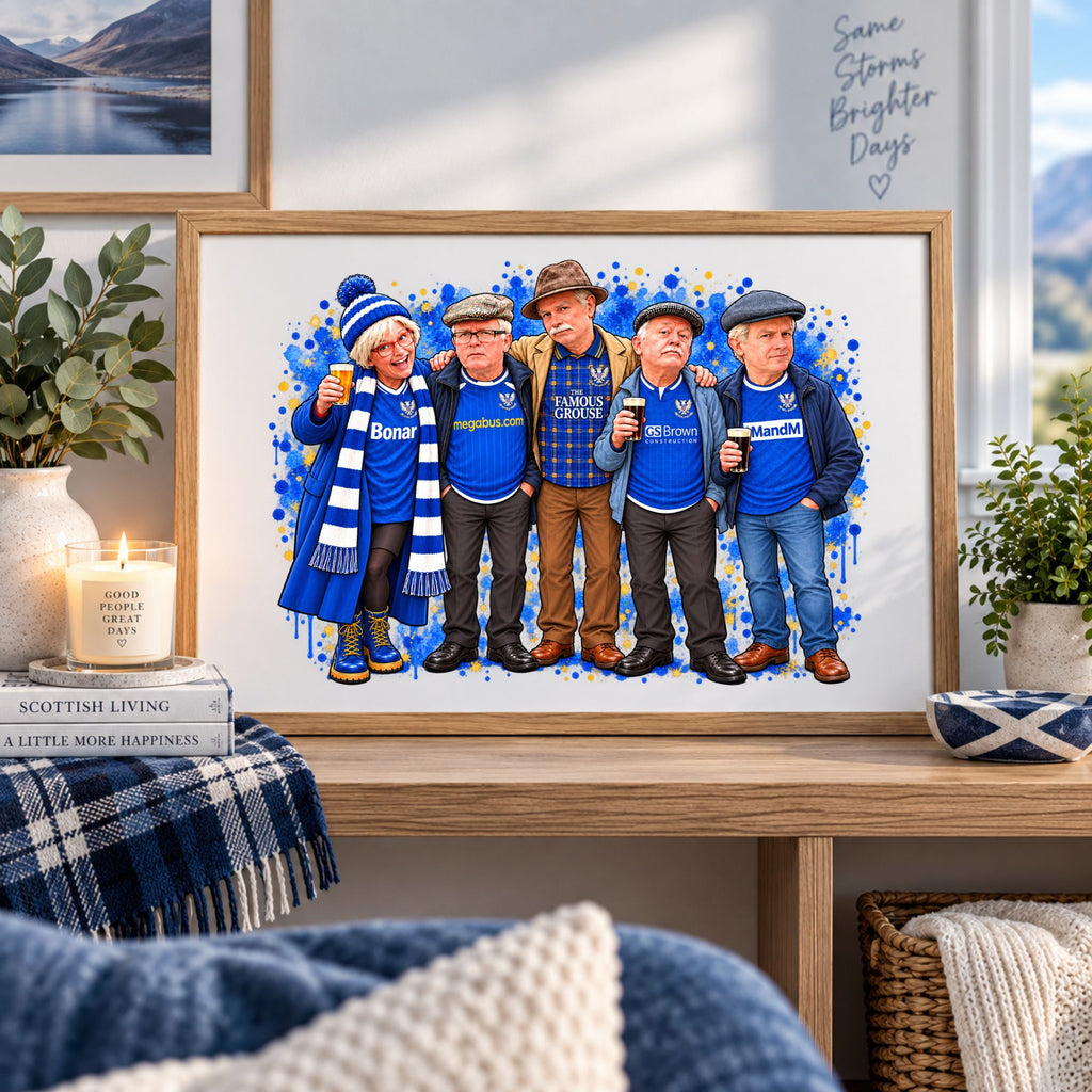 A framed custom watercolor-style print of five elderly Scottish men wearing blue football jerseys and scarves, displayed on a wooden console table in a cozy, styled room with a lit candle, books, and plants.