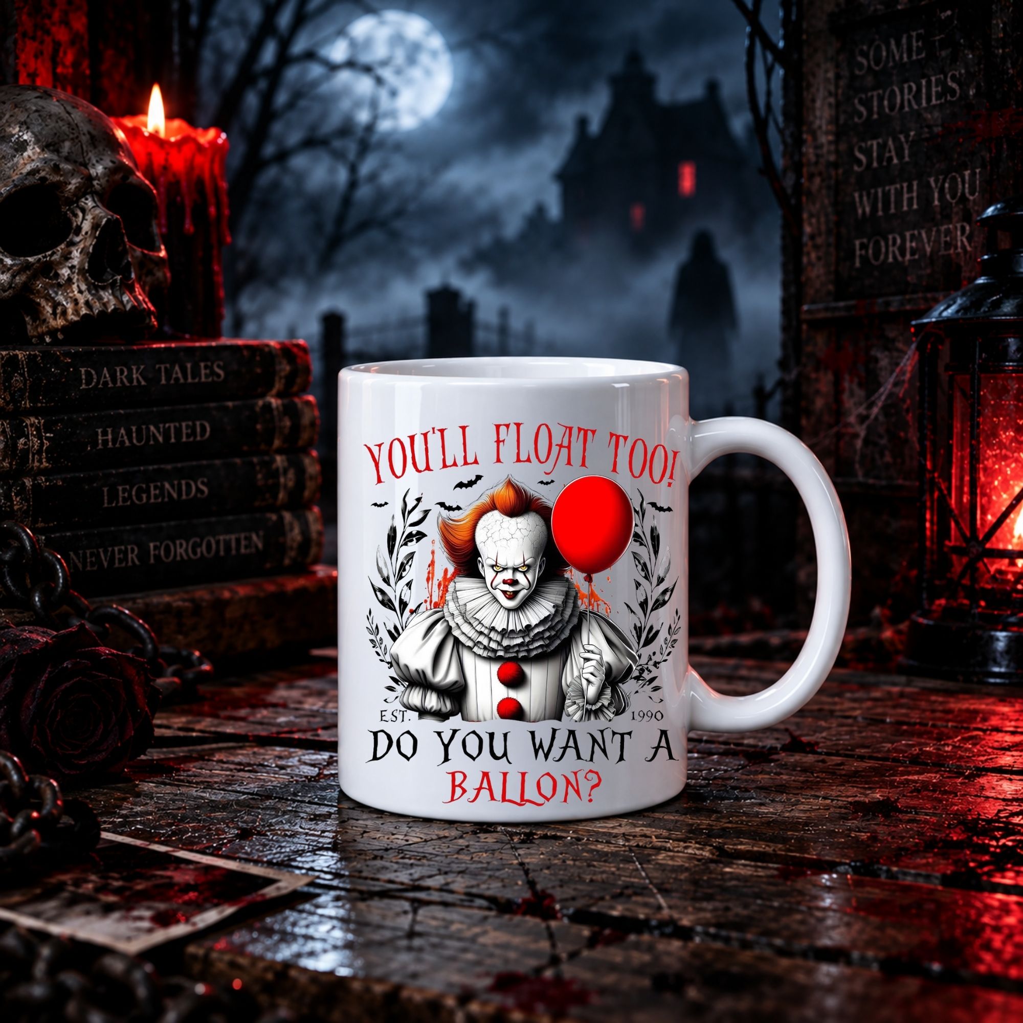 A white ceramic mug with a Pennywise the Clown graphic and the text 'YOU'LL FLOAT TOO! DO YOU WANT A BALLON?' (intended as 'ballon?') printed on it, displayed on a rustic wooden table surrounded by Halloween-themed props like candles, a skull, and a lantern.