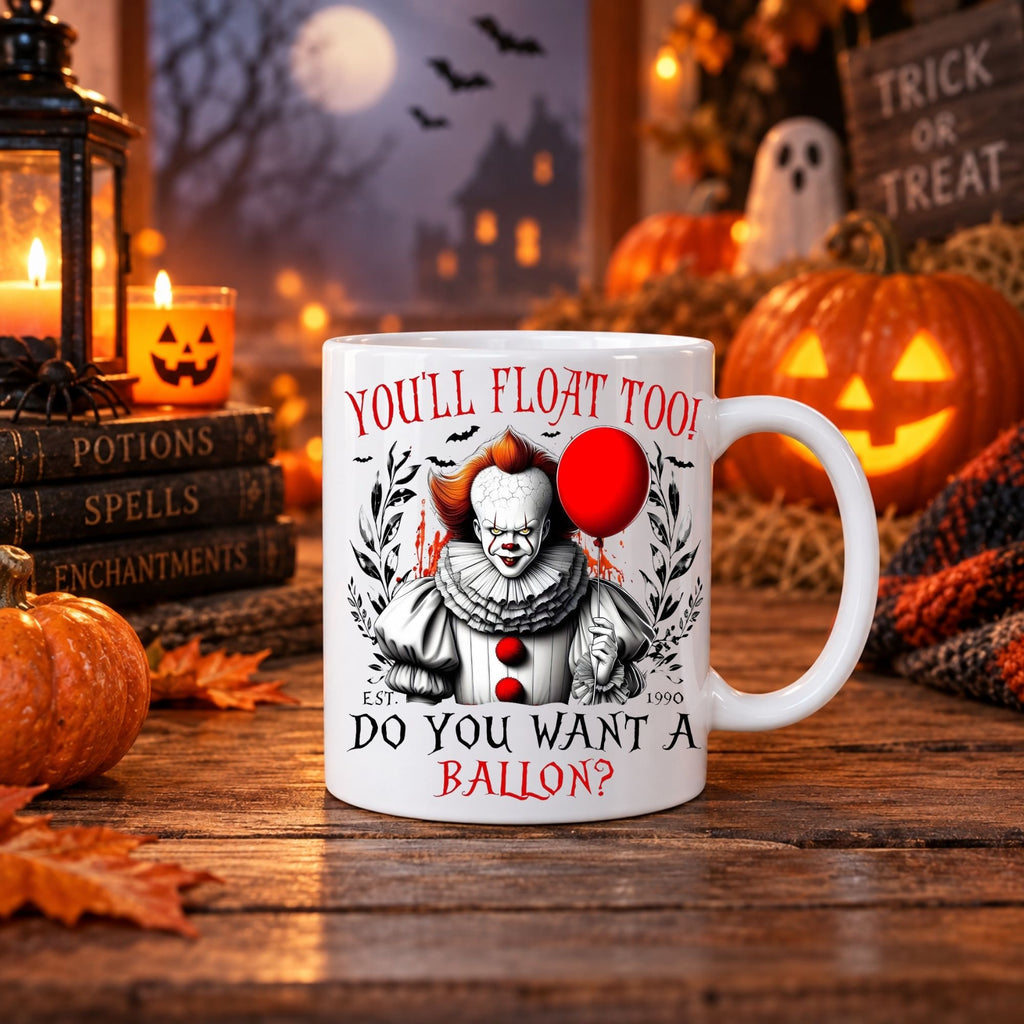White 11oz Halloween scary movie mug with creepy clown design and "You'll Float Too" text, holding a red balloon