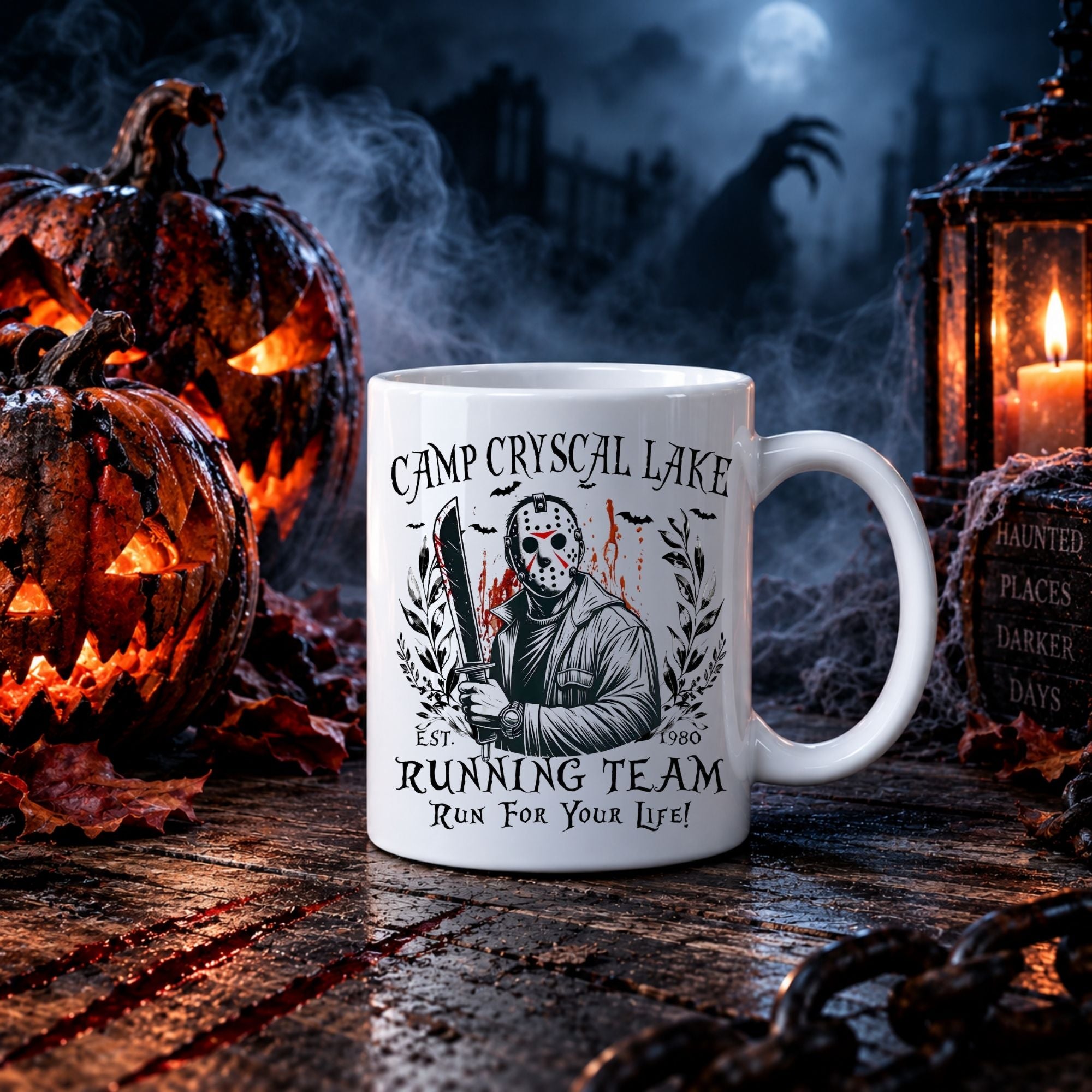 A white ceramic mug with a black horror-themed graphic reading 'Camp Crystals Lake Running Team' and 'Run For Your Life!', styled on a dark wooden surface with Halloween props including carved pumpkins, a lantern, cobwebs, and a smoky night background.